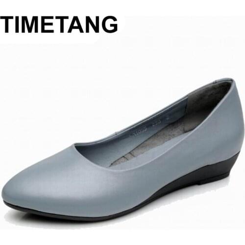 TIMETANG Womens Genuine Leather Low Heels Shoes Slip On Classic Black&White wedges Shoes for Office Ladies Shoes Woman