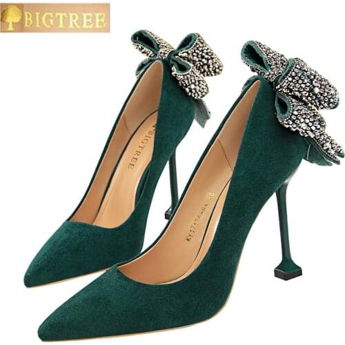 Fashion women pumps 9.5CM Thin high heel Suede Shallow mouth Pointed Sexy Nightclub After the rhinestone Bow tie womens shoes
