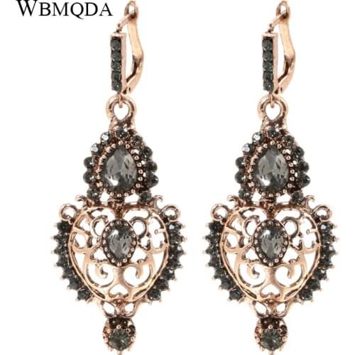 Wbmqda Fashion Gray Crystal Flower Big Drop Earrings For Women Antique Gold Vintage Earrings Ethnic Bride Wedding Boho Jewelry