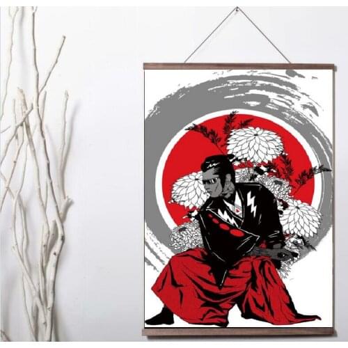 Japanese Samurai Modern Art Print canvas Poster Canvas Scroll Painting with wood