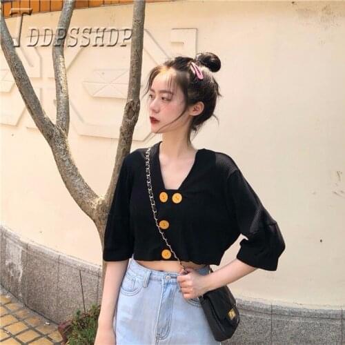 2020 New Summer Korean Short Style Women Blouse Button Decor Female Blouses