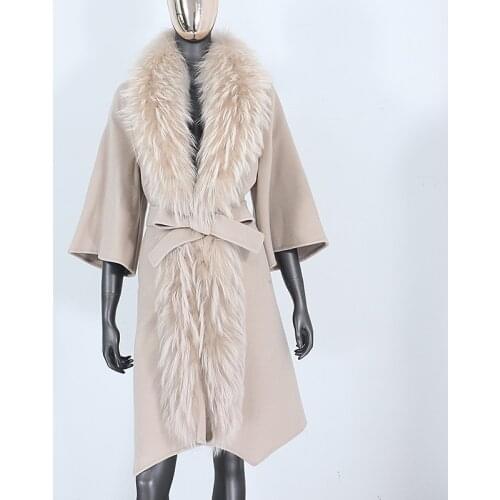 2021 Winter Jacket Women Big Real Fur Coat Natural Raccoon Fur Collar Wool Blends Belt Warm Outerwear Streetwear New Fashion