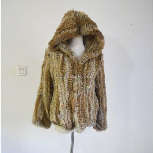 SJ435 Natural Brown Color Hand 1*1 Thick Knit Winter Hooded Rabbit Fur Jacket for Girls