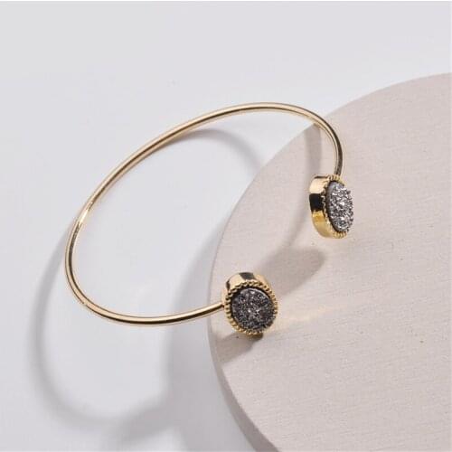 Bohemian European Vintage Jewelry Geometric Round Resin Druzy Asymmetry Hand Cuff Adjustable Bracelet For Women Bangles Bileklik