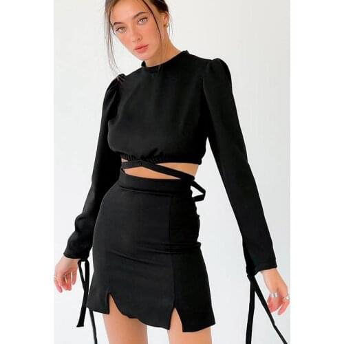 High Street Lace Up O-Neck Long Sleeve Sexy Backless Crop Top Two Piece Lady High Waist Sheath Mini Skirt Women Outfit