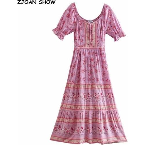 2021 BOHO Bandage Elastic Collar Floral print Women Dress Holiday Tie Bow Sashes Short Sleeve off Shoulder Midi Dresses Beach