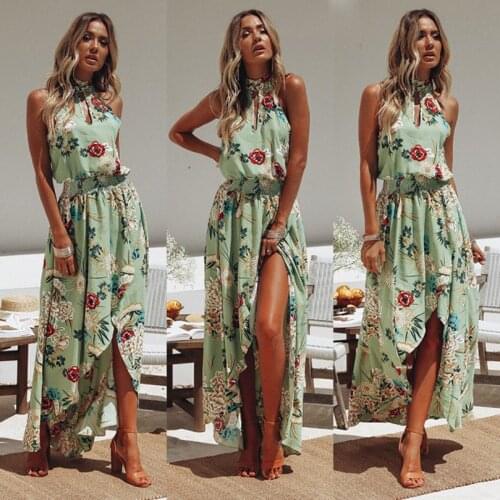 2021 European Trend Beach Long Skirt Printed Dress Bohemian Style Irregular Split One-piece Dress