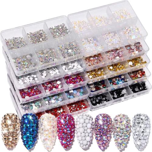 6 Grids Flat-bottom Grass Nail Art Rhinestones SS6-SS20 Mix Opal AB Colors Diamond 3D DIY Manicure Nail Decorations Accessories