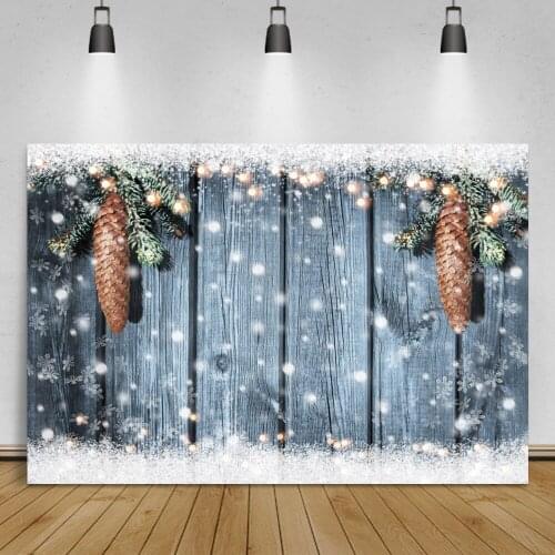 Laeacco Old Wooden Boards Texture Winter Snowflake Christmas Backdrop Pine Leaves Light Bokeh Polka Dots Photographic Background