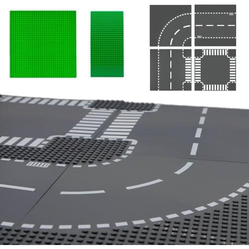 Classic Base Plate Bricks Baseplate City Street Road Parts Straight Crossroad Curve View Building Blocks Creative Toys for Kids