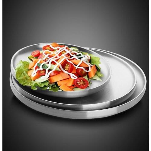 Kitchen Tableware Dinner Plates Double 304 Stainless Steel Insulated Salad Steak Disc Flat Dish Plate