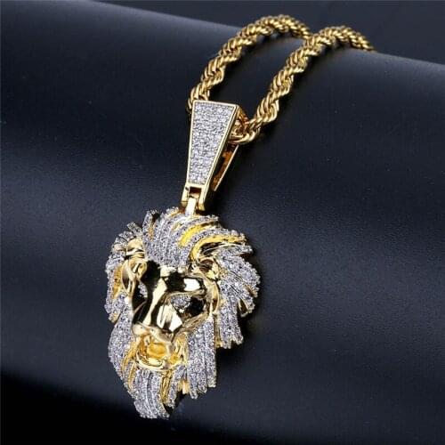 Iced Out Necklace Micro Pave Cubic Zircon Lion Head Pendant Necklace for Men Women Hip Hop Jewelry