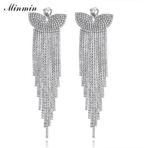 Minmin Silver Color Crystal Bridal Big Long Earrings Butterfly Pendant Dangling Tassel Earrings Wedding Jewelry for Women EH221