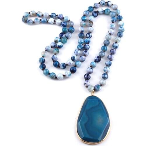 Fashion Bohemian Tribal Jewelry Long Knotted Grey Stone Drop Pendant Necklaces Women Ethnic Necklace