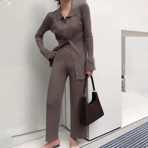 Fashion Knitted Cardigan Coat + Wide Leg Pants Suit Women Casual Two-piece Trouser Set 2021 Autumn New Sweater Tracksuit