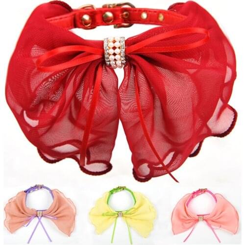 Soft Chiffon Bow Dog Collar Rhinestone PU Leather Crystal Diamond Puppy Collar Pet Collars Pets Supplies Dog Cat Accessories