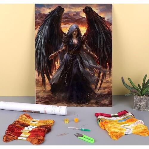 Black Angel Beauty Printed Water-Soluble Canvas 11CT Cross-Stitch DIY Embroidery Complete Kit DMC Threads Painting Needle