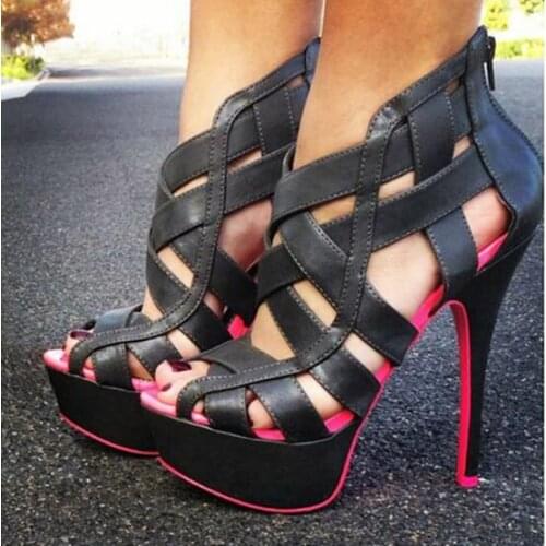 Summer New Fashion Woman Yellow/Hot Pink 145 mm Stiletto Heels 40 mm Platform Cuts Out Open Toe Zip Back High Heel Sandals Shoes