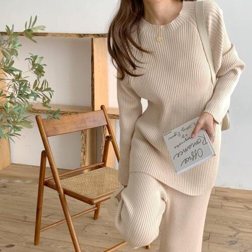 2020 Autumn Winter Women Suits Chic Korean Style Knitting Two Pieces Set Pullovers Tops+Elastic Ankle-Length Pants