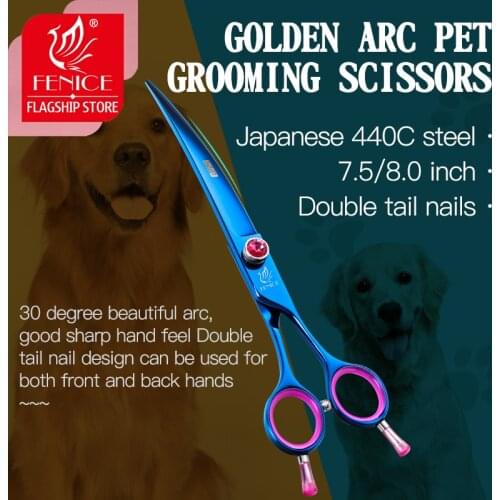 Fenice Professional Japan 440c 7.5 8.0 inch pet scissors dog Grooming Blue Curved Shears