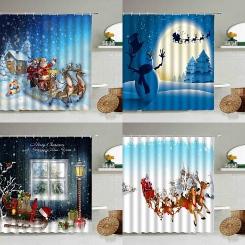 Merry Christmas Shower Curtain Cartoon Santa Sleigh Reindeer Night View New Year Holiday Bathroom Waterproof Curtains Home Decor