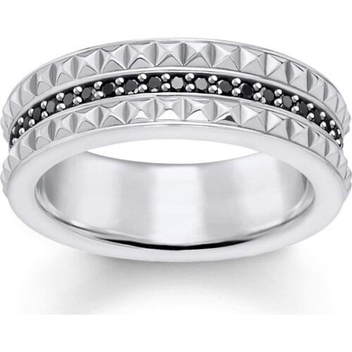 Silver Black CZ Stones Rivets Studs Rings, Fashion Punk Studs Ring Jewelry Love Eternity Thomas Style Ring Gift for Women Men