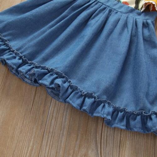 Spring Summer Girls Boho Floral Round Neck Flying Sleeve Denim Patchwork Dress Holiday Birthday PartyCasual 6M -4 Years