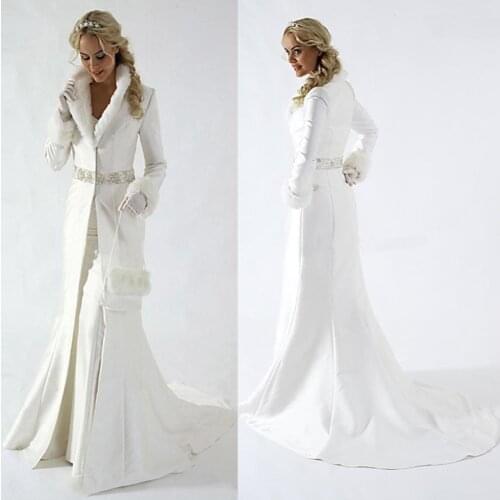 Modern Winter Bridal Jacket Long Sleeves Faux Fur Wedding coat Cute Shawl Coat Satin Fabric With Faux Fur Party Cloak