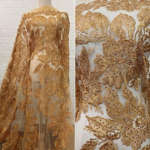 Gorgeous Gold Heavy Bead High Density Tulle Mesh Embroidery Party Gown Wedding Dress Lace Fabric Nigerial Africa Lace Fabric