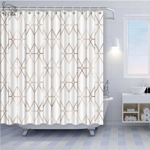 NYAA Custom Geometric Gold Line Waterproof Polyester Fabric Shower Curtain Bathroom Decor Curtains With 12 Hooks Big Size