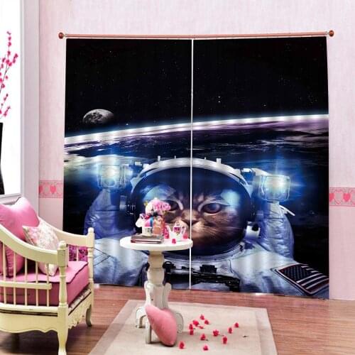 Cat Curtains Funny Astronaut Cat Above Earth in Outer Space Explorer Kitty Living Room Bedroom Blackout curtains