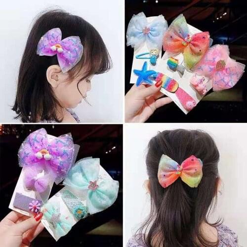 3/4 Pcs Girls Bow-Knot Hair Clip Snowflake Glitter Rhinestone Cute Color Hair Accessories Set Princess Hairpin Kids Accessories