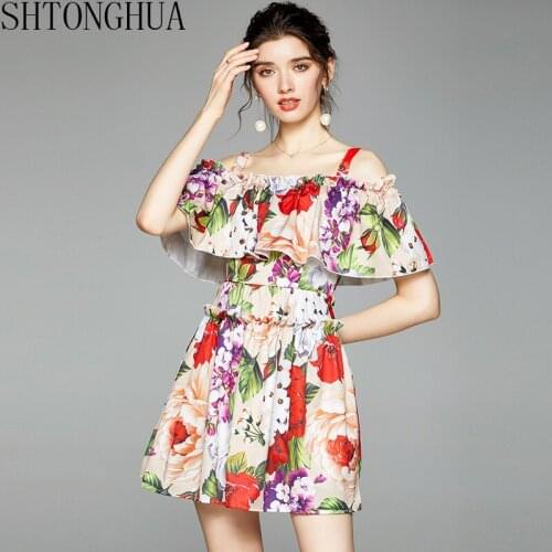 Women Runway Floral Printed Dresses 2020 Summer Fairy Temperament Sexy Off Shoulde Spaghetti Strap High waist Cloak Mini Dress