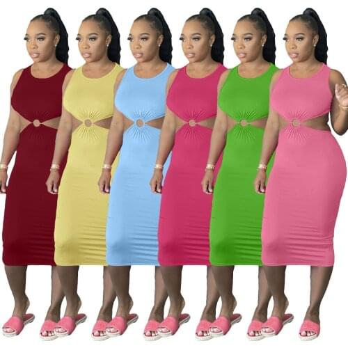 Echoine Sleeveless Ring Hollow Out Midi Dress for Female Sexy Skinny Bodycon Ladies Party Club Dresses Vintage Elegant Dress