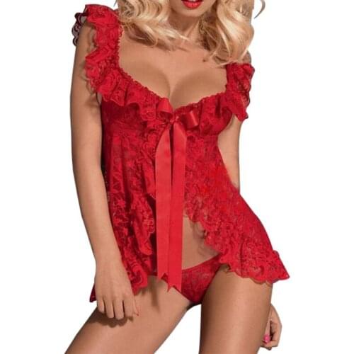 Women Sexy Lingerie Front Open Sleepwear Sets Plus Size Europe and America Sexy lace perspective dress + T pants