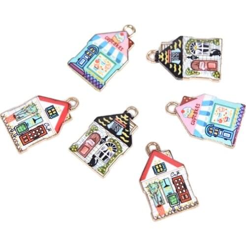 10Pcs Lovely Cartoon Printing House Charms Pendants Model Alloy Jewelry Material Small Hanging Accessories DIY Findings 2*1.2cm