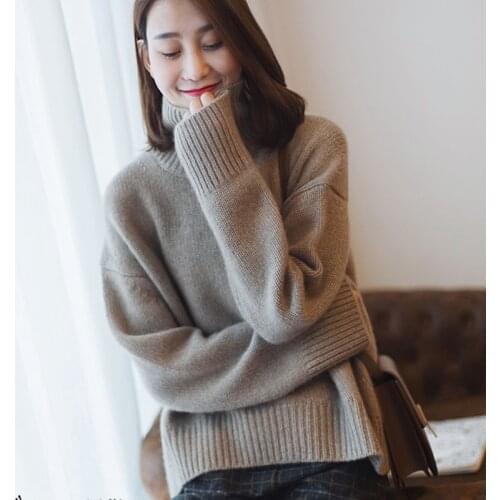2019 New Arrival Women Cashmere Wool Sweater Autumn Winter High Collar Thicken Pullovers Female Solid Loose Long Sleeve Jumper