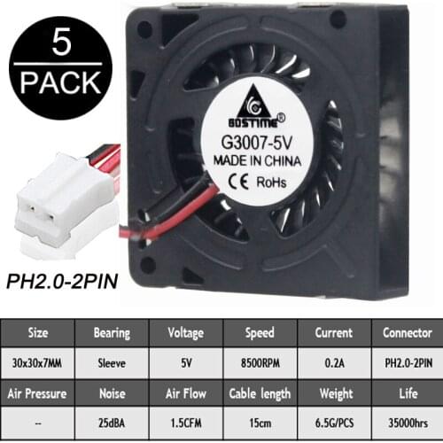 5PCS Gdstime 5V 30x30x7mm DC Mini Fans 1.18inch Sleeve 2PIN For 3D Printer Blower Cooling Fan New Product
