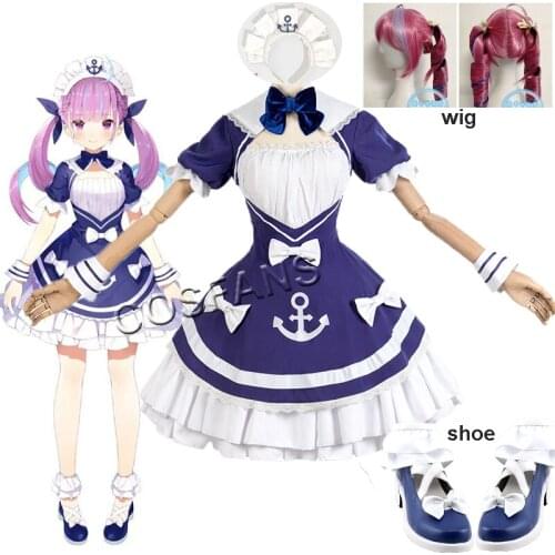 Anime VTuber Hololive Cosplay Minato Aqua SJ Maid Outfit Uniform Dress Cute Suit Cosplay Costume Women Halloween Wig shoes
