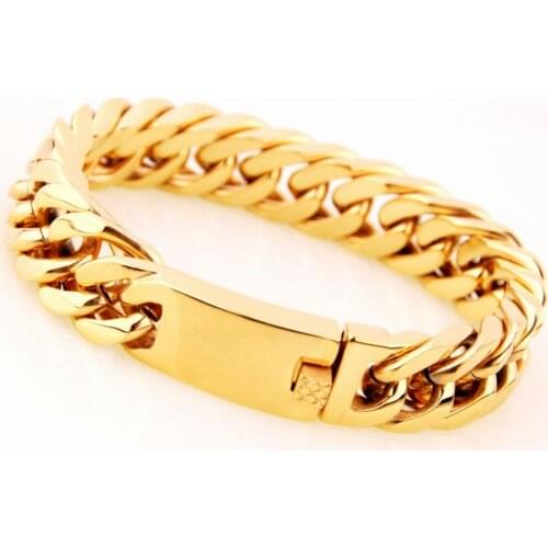 Hand Made 7"-11" Fashion Cool 316L Stainless Steel Gold Color Cuban Curb Chain Mens Boys Bracelet Bangle 15/17MM High Quality