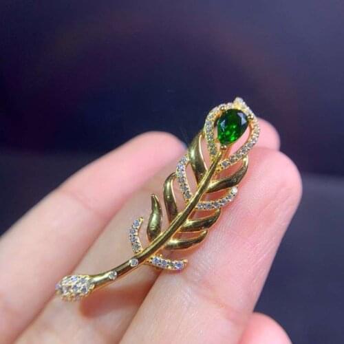 Grace leaf Feather natural green diopside brooch Pendant natural gemstone pendant Two uses S925 silver girl party jewelry