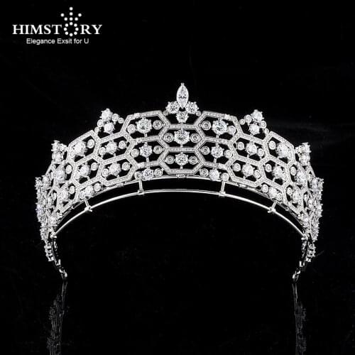 Himstory European Royal Zirconia Honeycomb Greville Replica Tiara Crown Wedding Crystal Queens Headband Princess for Bride
