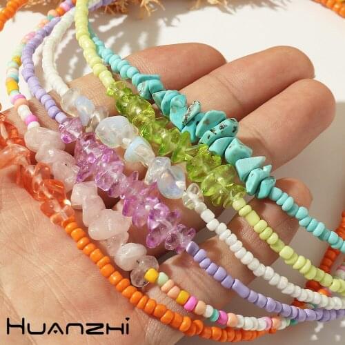 HUANZHI 2021 Cute Colorful Crystal Beaded Necklaces Irregular Natural Transparent Gravel Choker for Women Girls Jewelry Gifts