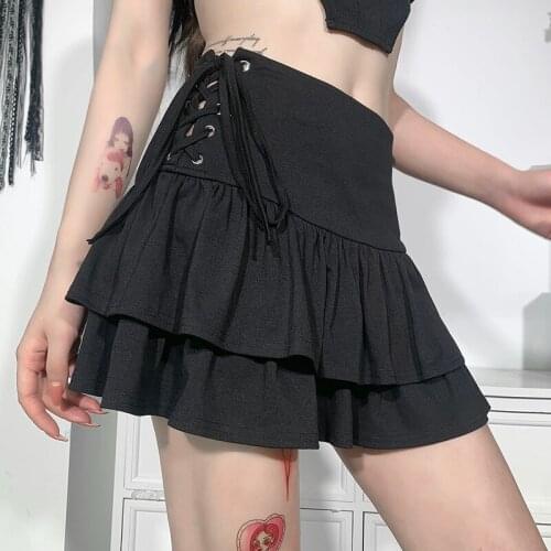 Personality Side Waist Tie Summer Sexy Female Half Skirt Gothic Skirt Ladies Harajuku Y2k E-girl High Waist Bandage Mini Skirt