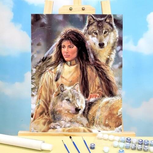 Indian Wolf Animal Coloring By Numbers Painting Set Acrylic Paints 40*50 Canvas Painting Wall Paintings Crafts Adults Drawing