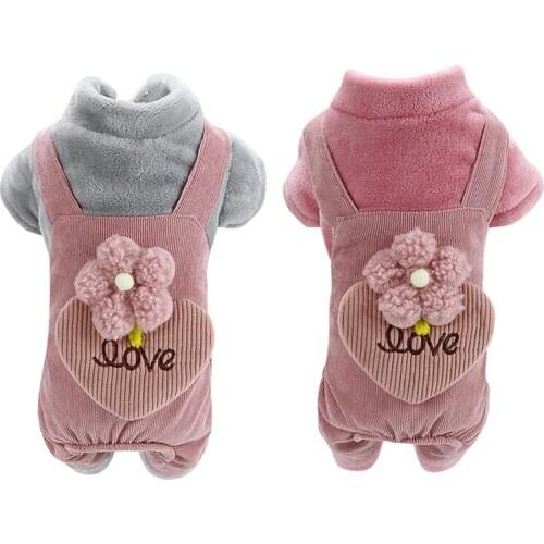 Dog Jumpsuits Fleece Corduroy Puppy Cat Hoodie Coat Love And Flower Four Feet Clothes XS-L