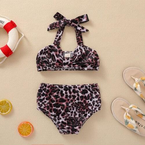 Toddler Girls Leopard Printing Swimsuits Baby Sleeveless Halter Bodysuit Summer Two-pieces Swimming Wear
