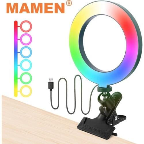 MAMEN Desktop Clamp RGB Ring Lamp Selfie Colorful Lights Video Photography LED Light for Tiktok Youtube with Desktop Clip Tripod
