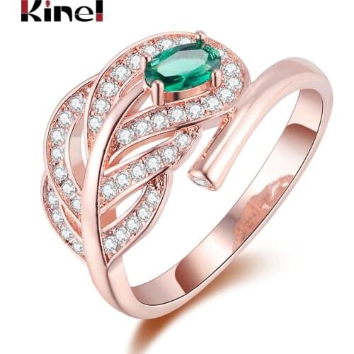 Kinel Fashion Female Leaf Finger Rings For Women Engagement Jewelry Party Green Zircon Rose Gold Color Ring Wholesale