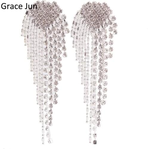 Grace Jun New Arrival Big Heart Shape Tassel Rhinestone Clip on Earrings No Pierced Charm Chandelier Jewelry No Hole Ear Clip